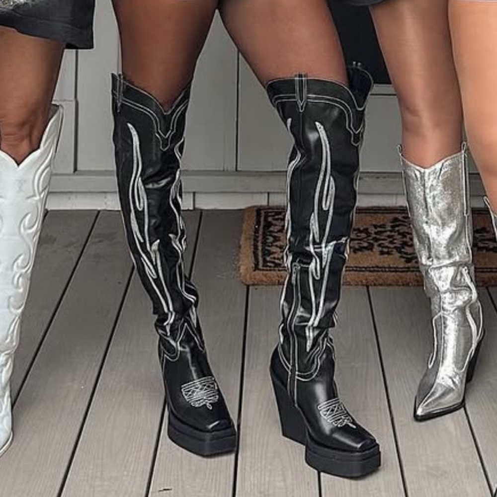 Black Flame Stitch Platform Boots – Over-the-Knee / Y2K / Western Punk